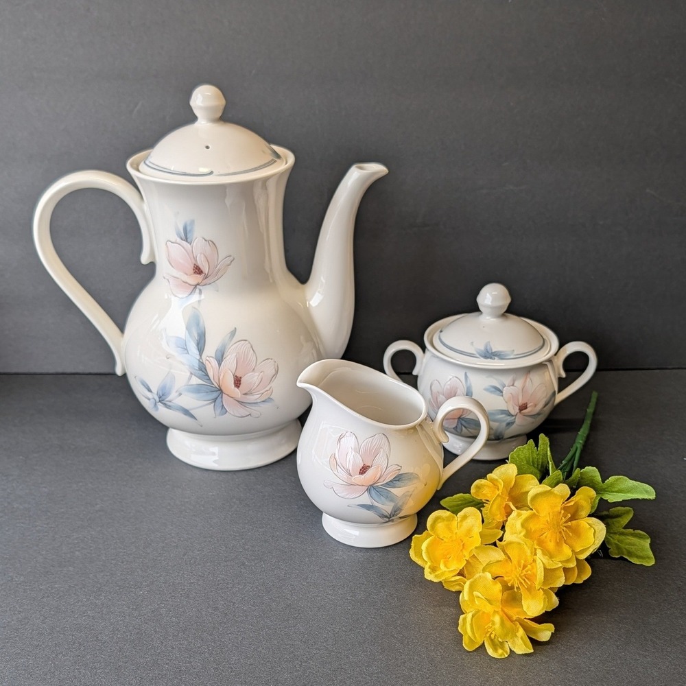 Noritake Versatone Floating Garden Teapot Sugar Creamer Set 9302 Japan Vintage